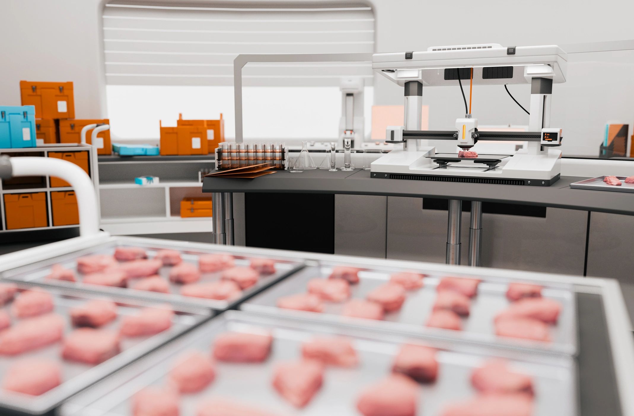 3D printer creating sustainable artificial meat in a biotech lab, representing food waste manufacturing innovation.